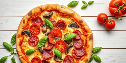 Overhead shot of salami, tomato, mushroom & basil pizza on white wood; copy space,  basil,  appetizing