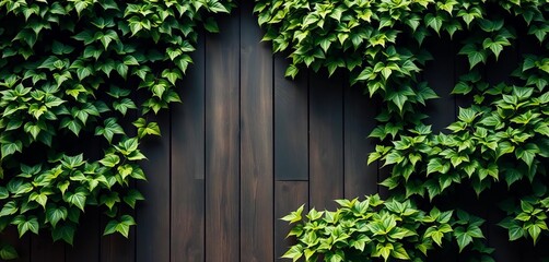 Lush green ivy climbing a dark wood wall, leaving central space , houseplant, ecology