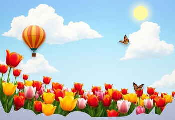 Paper cut style poster of a sunny spring day with a vibrant tulip field, fluffy clouds, hot air balloon, and butterfly ,  summer,  decoration