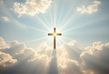 Radiant cross shines through soft, white clouds; heavenly light symbolizes hope, love, freedom, heavenly, beam