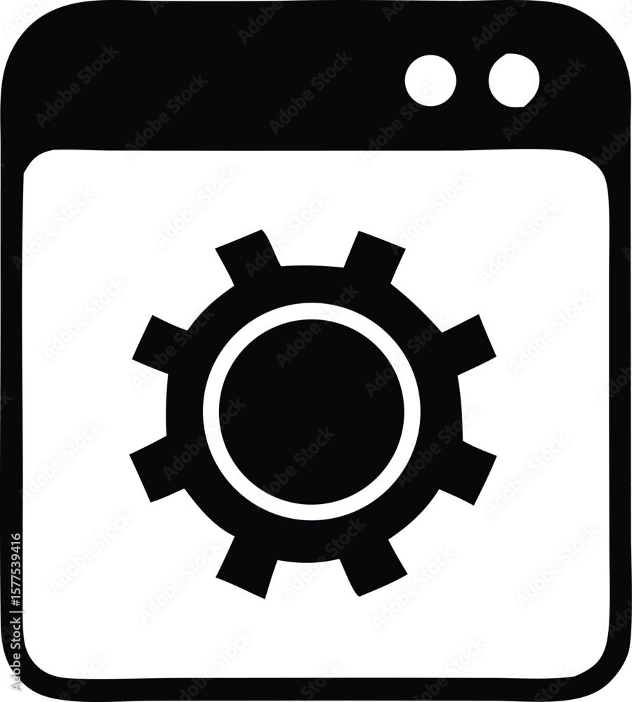 Poster a black and white icon representing a computer window with a gear symbol inside symbolizing settings