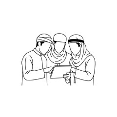 Group of three people wearing head coverings looking at a tablet