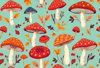 Whimsical autumn mushroom pattern in vibrant jewel tones, perfect for textile & wallpaper, colorful, orange