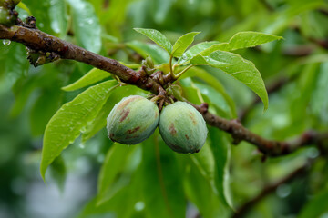American pawpaw fruits hanging from a branch amidst green leaves, showcasing their unique appearance and natural setting