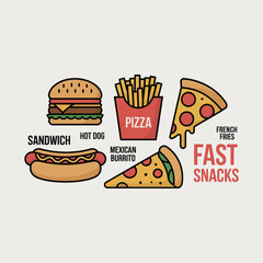 Fast Food Icons Burger Hot Dog Pizza Fries Burrito