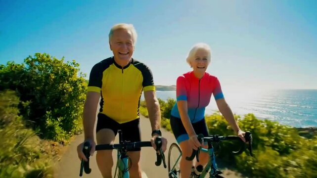 Vibrant Senior Couple Cycling on Scenic Coastal Path by Ocean - Powered by Adobe
