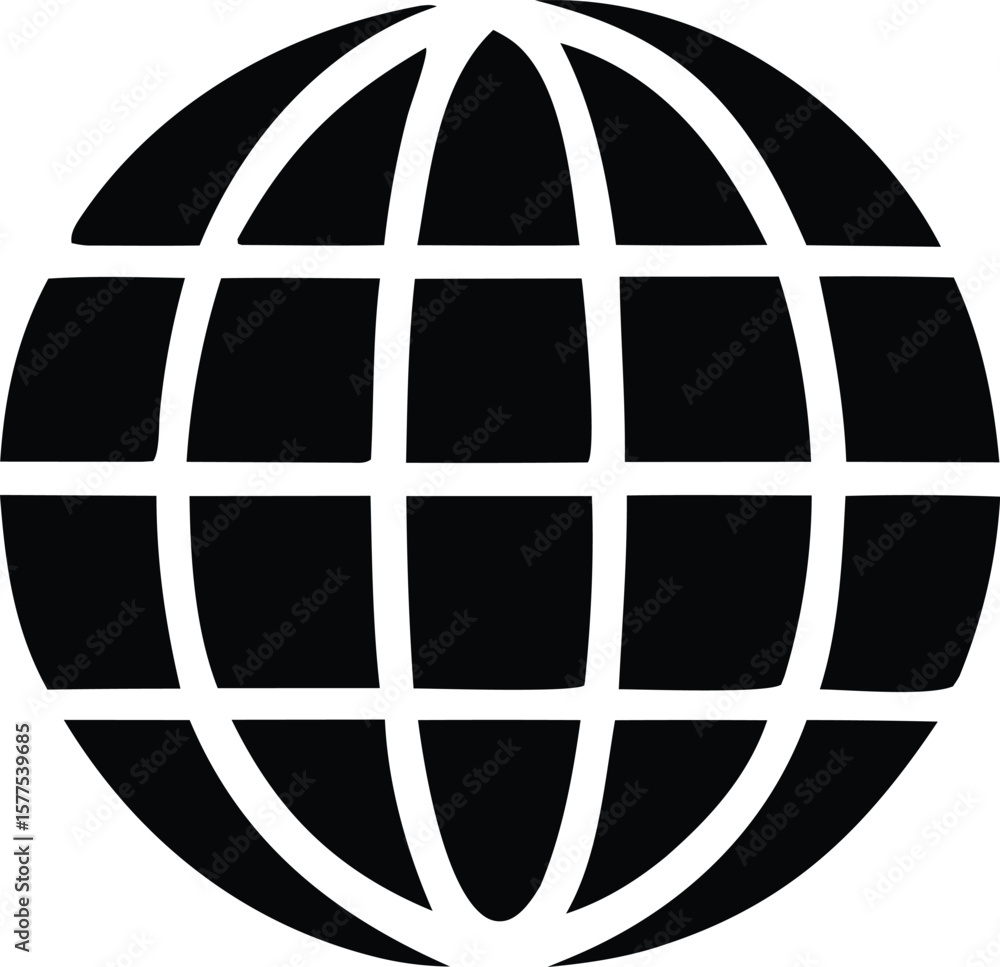 Poster a stark black and white graphic representation of a stylized globe with intersecting lines forming a