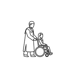 Line art of healthcare worker assisting patient in wheelchair