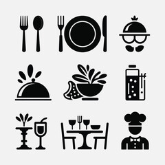 Black Restaurant Icons Set Food Service Utensils Chef Table
