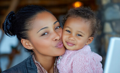 Fototapeta premium Balancing business and motherhood with joy during a special moment at home