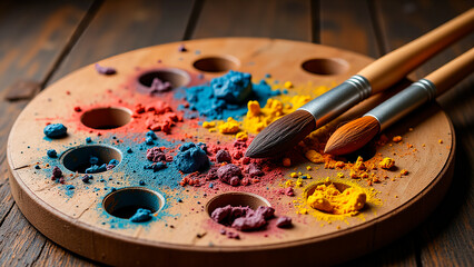 A wooden palette with paint and brushes on a wooden table.