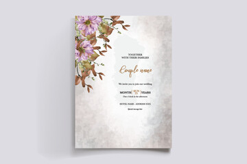 WEDDING INVITATION FRAME WITH FLOWER DECORATIONS AND FRESH LEAVES