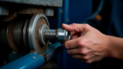 A man's hand holding a bolt on a machine.