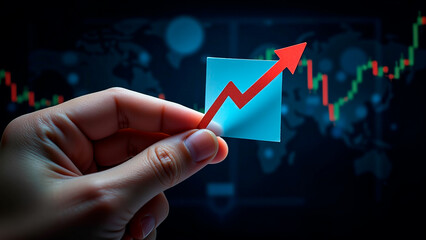 A hand holding a paper with a red arrow pointing up.