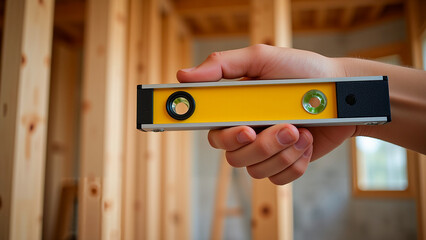 A person holding a spirit level in their hand.