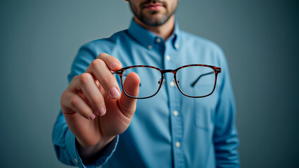 A man holding a pair of glasses in his hand.