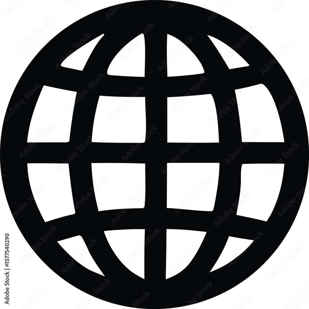 Poster a bold stylized black and white graphic representation of the earth with a grid overlay symbolizing 