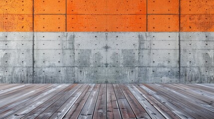 gray concrete warehouse wall wooden plank floor hints of orange 