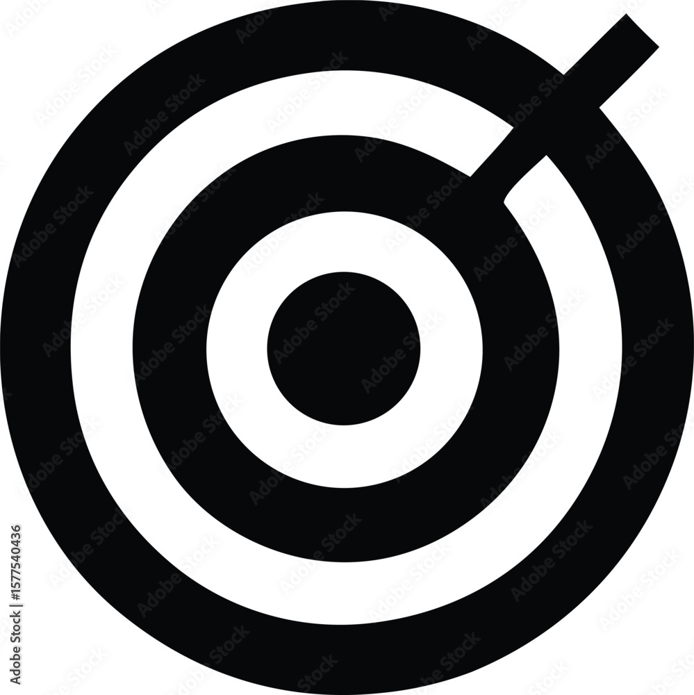 Poster abstract black and white concentric circles with a single line extending from the outer circle repre
