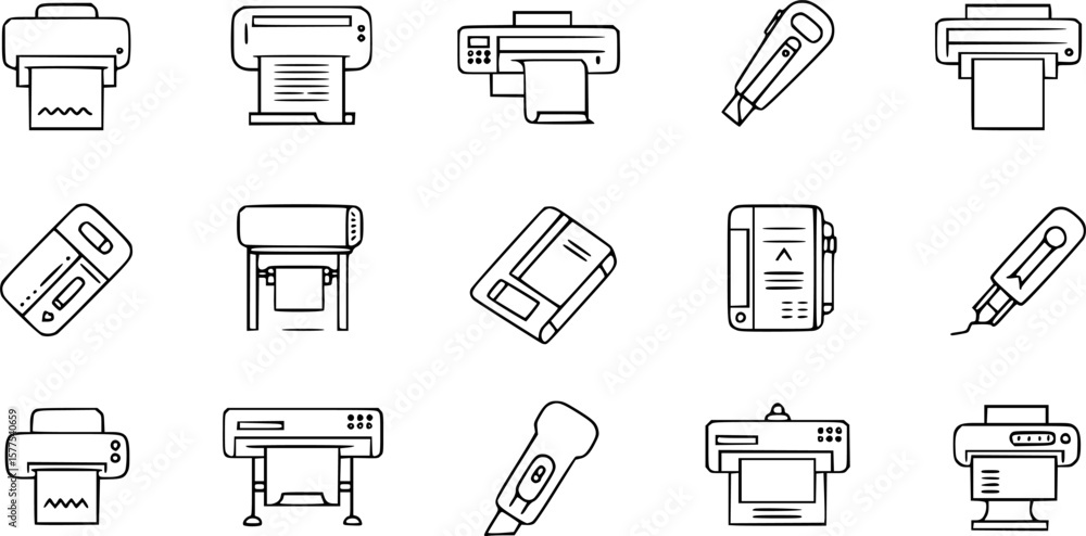 Fototapete Printer line icon set. Large format printing, plotter, scanner, cutting machine minimal vector illustrations. Simple outline signs for printshop.
