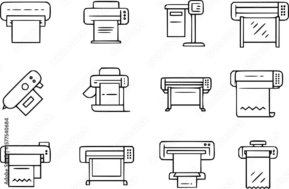 Poster printer line icon set. large format printing, plotter, scanner, cutting machine minimal vector illus