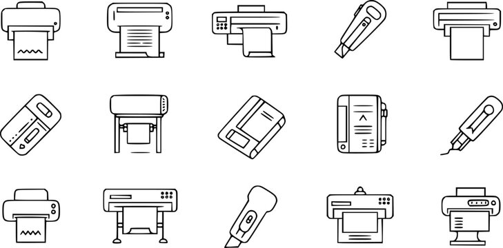 Printer line icon set. Large format printing, plotter, scanner, cutting machine minimal vector illustrations. Simple outline signs for printshop.