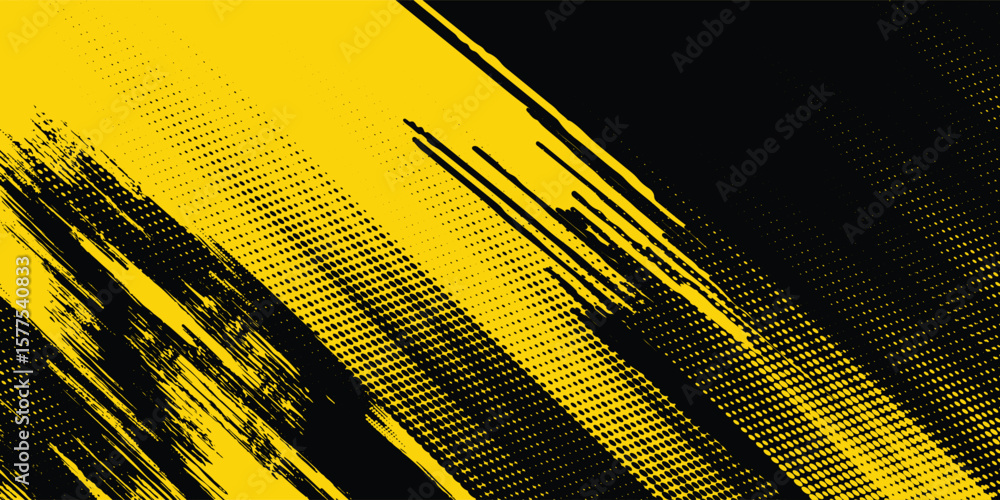 Poster yellow and black backdrop with dot halftone pattern element. abstract brush grunge background. retro