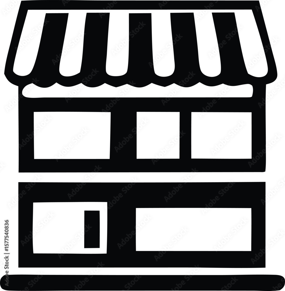 Aufkleber simple black and white icon representing a two story storefront with a striped awning and multiple w