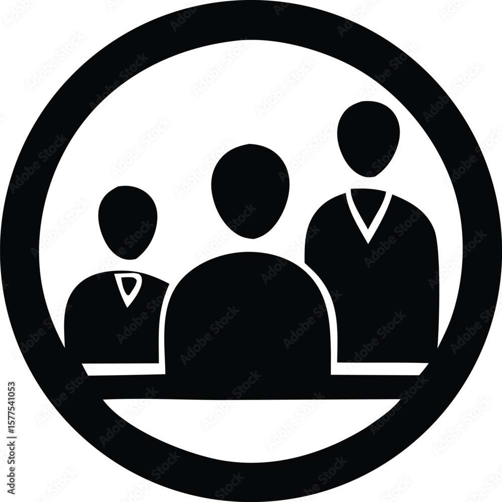 Poster a minimalist black and white icon depicting three stylized figures standing together within a circul