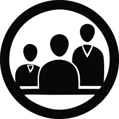 A minimalist black and white icon depicting three stylized figures standing together within a circular border representing a group or team