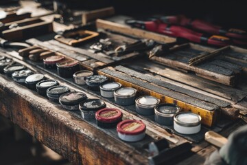 Naklejka premium Workshop table filled with tools & tins