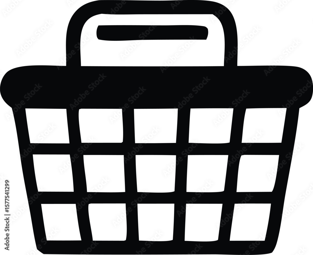 Poster simple black and white illustration of a shopping basket with a handle and a grid pattern on its sid