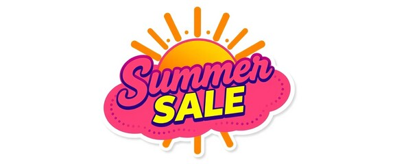 Fototapeta premium Bold Memphis style summer sale sticker; sunburst, dotted cloud, vibrant colors, geometric shapes, illustration, holiday