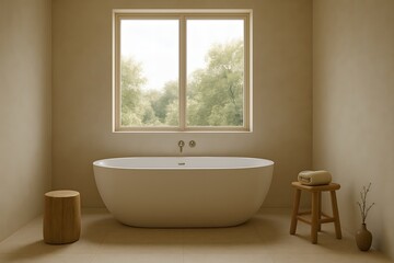 Modern minimalist bathroom featuring a white freestanding bathtub, wooden stools, and large window overlooking lush green trees outside.
