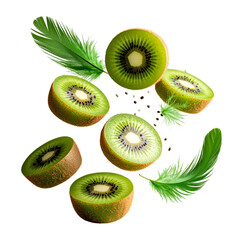 Fototapeta premium Kiwi slices floating in mid air against black background