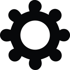 A stylized black gear icon with a circular center and six rounded protrusions extending outwards against a white background