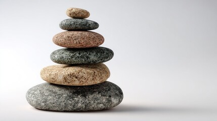 Stacked smooth stones, various colors, light background