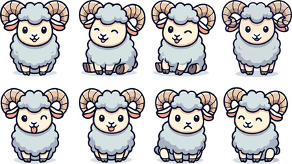vector illustration of ram sheep funny cute cartoon mascot character cartoon with 8 poses 02