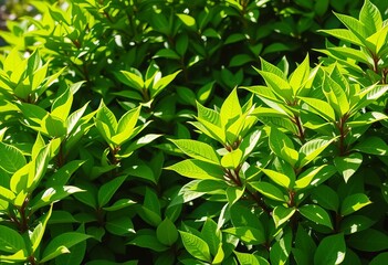 Fototapeta premium Lush green foliage, vibrant leaves in sunlight, organic, leaves