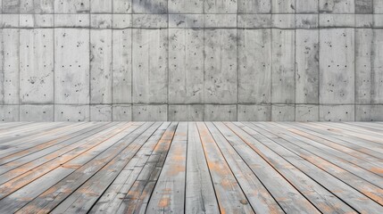 gray concrete warehouse wall wooden plank floor hints of orange 