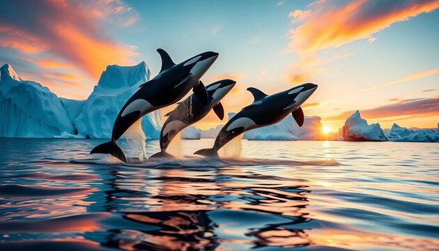 Orcas playfully breaching near majestic icebergs at sunset,  breaching,  sunset