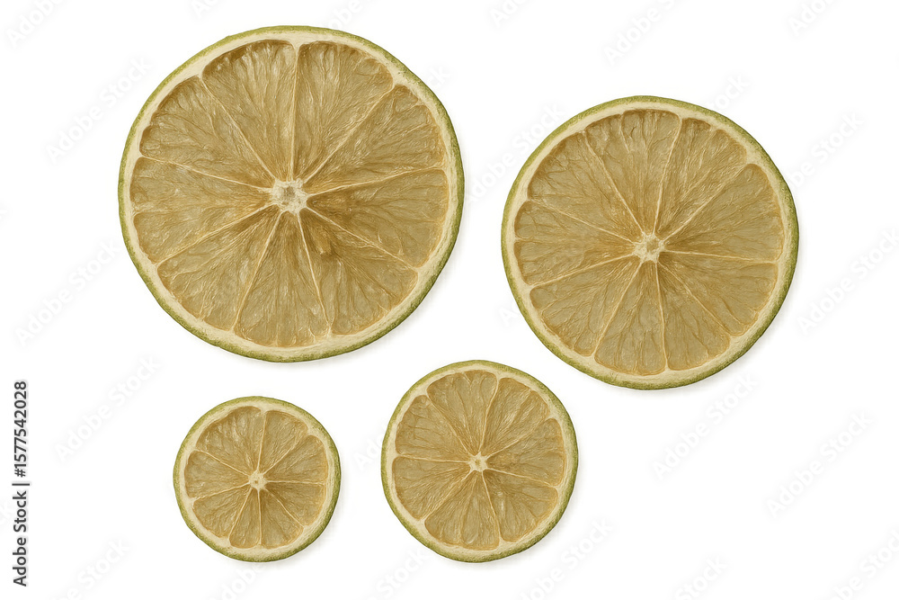 Poster four dried lime slices of different sizes, creating a visually appealing arrangement against a trans
