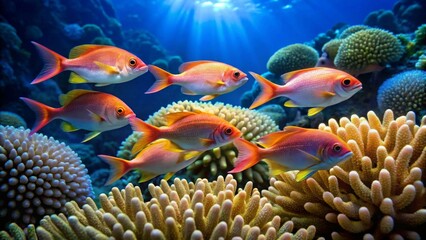 Obraz premium A vibrant underwater scene showcasing a school of brightly colored fish gracefully swimming amidst a lush coral reef bathed in sunlight.