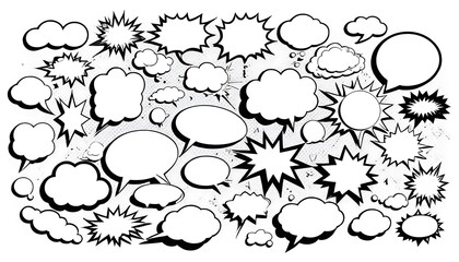 A collection of blank speech bubbles in various shapes and sizes, ready for text.