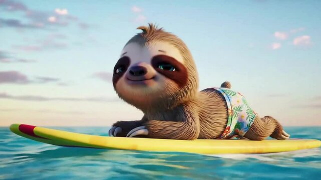 Animated Sloth Surfing on a Yellow Board in the Ocean Under a Blue Sky