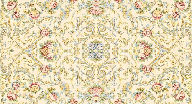 Seamless floral Aubusson rug, French tapestry inspired carpet, pastel rose and scroll design, pale blue and gold vintage luxury floor textile, ornate ivory bloom pattern