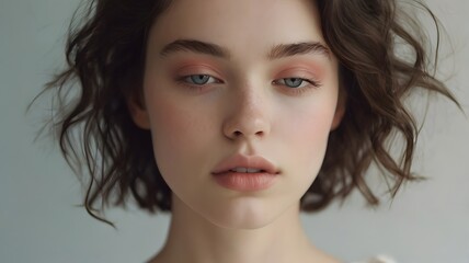 Serene young woman, subtle makeup, tousled brown hair, pensive expression, soft lighting, delicate features, calm mood.