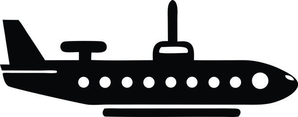 A black silhouette of a futuristic hybrid vehicle that combines an airplane and a submarine with a sleek design