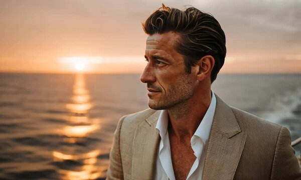 Man in beige blazer gazing at sunset over the sea. Warm sunlight, sea reflections, refined, stylish