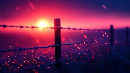 Vibrant sunrise, barbed wire fence, dew-kissed grass - Powered by Adobe